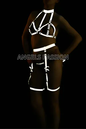 Silver reflective halter neck body harness with adjustable garters attached