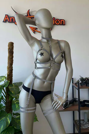 White reflective full body harness with garter straps and choker