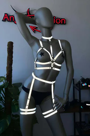 White reflective full body harness with garter straps and choker