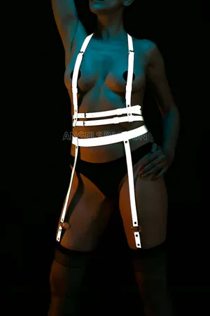 Reflective Body Harness with Garter Straps Silver on Model
