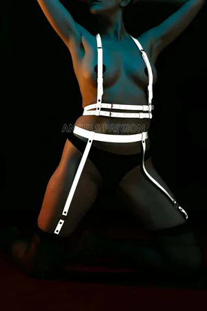 Reflective Body Harness with Garter Straps Silver on Model
