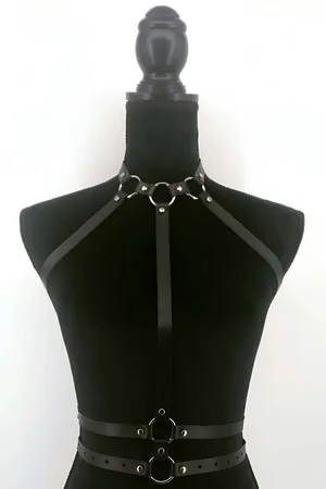 Black Faux Leather Body Harness with Collar and O-Rings