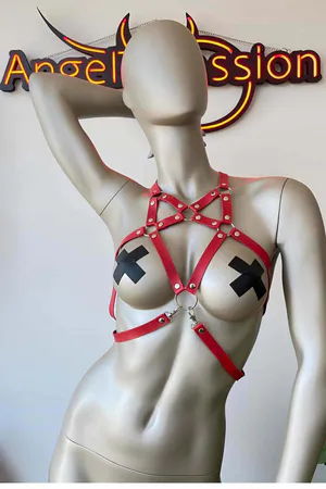 Crimson Faux Leather Adjustable Chest Harness with Star Accents