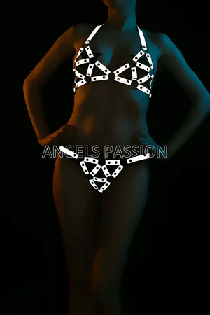 Reflective geometric harness lingerie set with bra and briefs