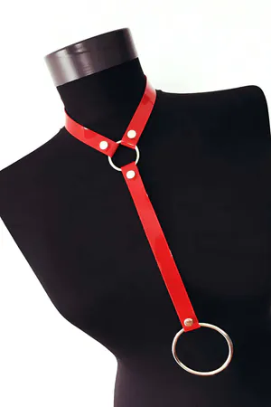 Red Patent Choker Harness O-Ring Detail Faux Leather