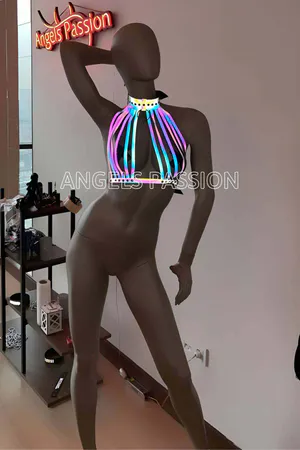 Reflective rainbow body harness with choker detail on a woman