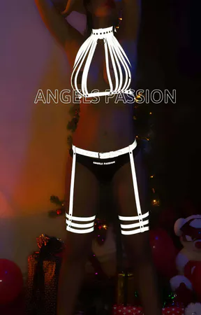Silver reflective halter harness and garter set on model