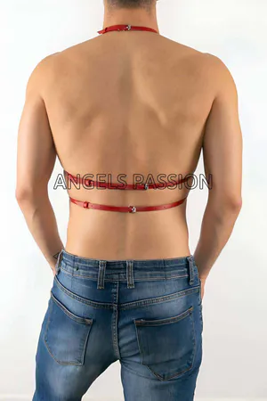 Red Faux Leather Chest Harness with O-Ring Detail