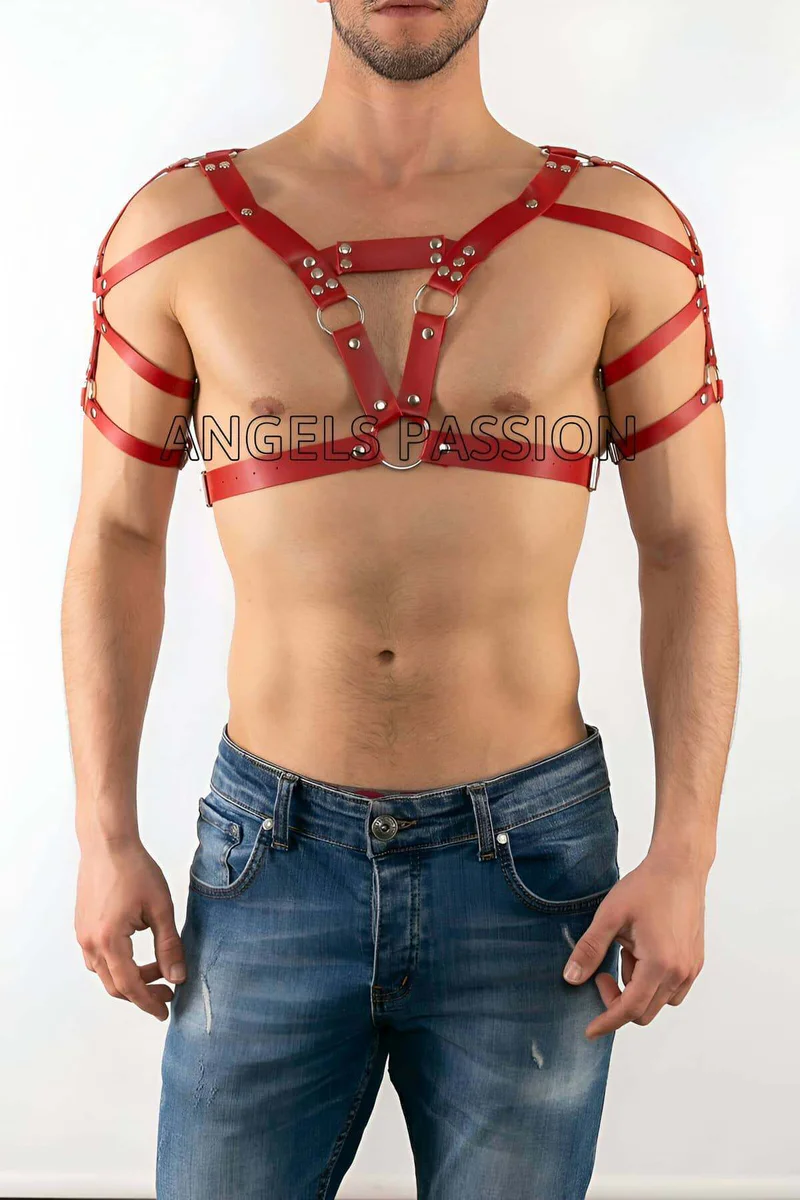 Red Faux Leather Chest Harness Straps Close-Up with O-ring detail