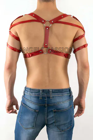 Red Faux Leather Chest Harness with Straps and O-Rings