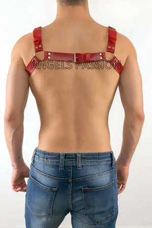 Red Faux Leather Chest Harness with Silver O-Rings and Adjustable Straps