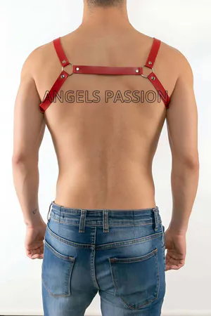 Red Faux Leather Chest Harness Men Adjustable Straps O-Rings