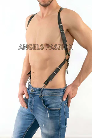 Black Faux Leather Body Harness Men Adjustable Shoulder Torso Straps