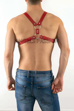 Red Faux Leather Chest Harness with O-Ring Center