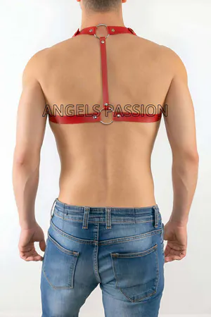 Red Faux Leather Chest Harness Women Adjustable Straps
