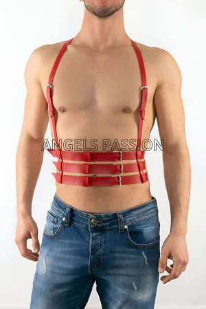 Red Faux Leather Chest Harness Triple Band Waist Adjustable Straps