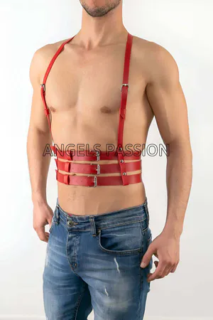 Red Faux Leather Chest Harness Triple Band Waist Adjustable Straps