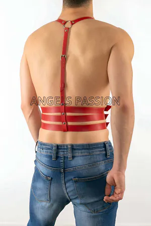Red Faux Leather Chest Harness Triple Band Waist Adjustable Straps