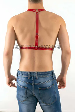 Red faux leather chest harness with adjustable straps and silver buckle