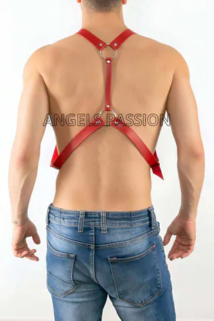 Red Faux Leather Chest Harness Women Adjustable Straps Silver Hardware
