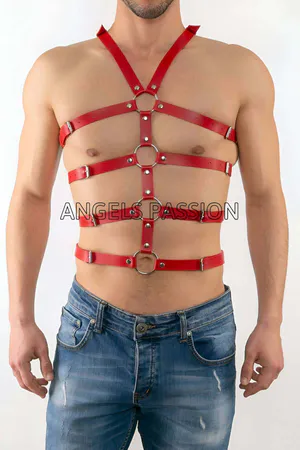 Red Faux Leather Multi-Strap Chest Body Harness O-Rings Adjustable Straps