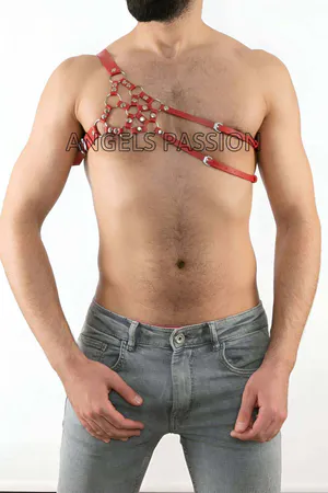 Red Vegan Leather Chest Harness Men Asymmetric O-Ring Design