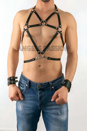Black Faux Leather Star-Pattern Chest Harness for Women with Silver O-Rings