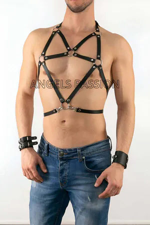 Black Faux Leather Star-Pattern Chest Harness for Women with Silver O-Rings