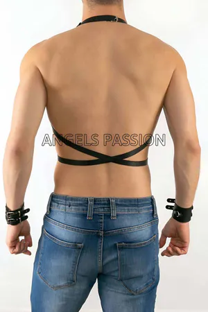 Black Faux Leather Star-Pattern Chest Harness for Women with Silver O-Rings