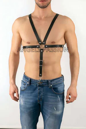 Black Faux Leather Chest Body Harness for Women with Central O-Ring