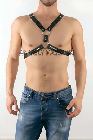 Black faux leather chest harness with O-rings and adjustable straps