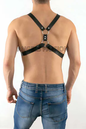 Black faux leather chest harness with O-rings and adjustable straps