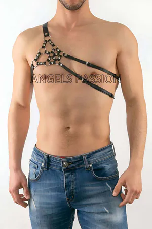 Black Faux Leather One Shoulder Chest Harness with Silver Studs on Male Model