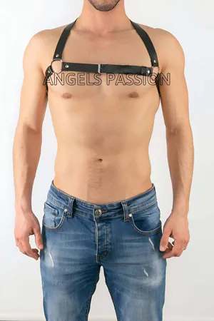 Black faux leather chest harness with adjustable straps and central O-ring