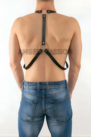 Black faux leather adjustable body harness with silver O-rings