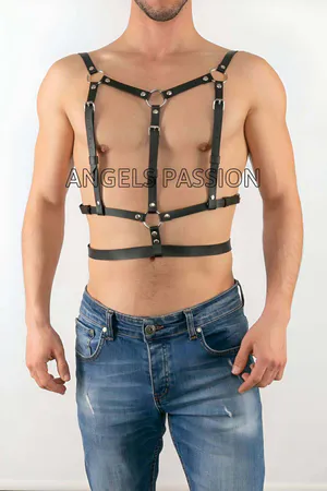 Black faux leather adjustable body harness with O-rings for men