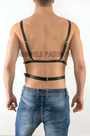 Black faux leather adjustable body harness with O-rings for men