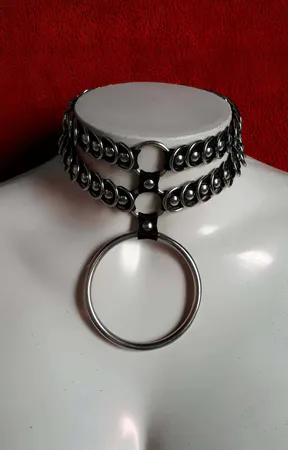 Siyah Suni Deri İkili Metal Halka Detaylı Choker Yaka Kolye