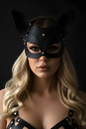Black Faux Leather Cat Eye Mask Pointed Ears Silver Studs
