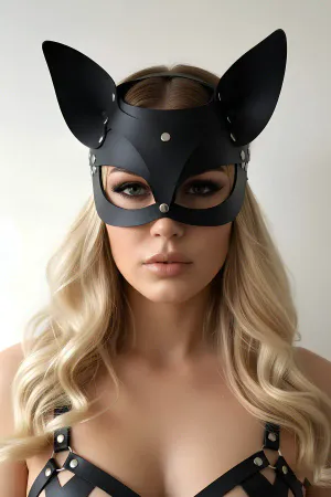 Black Faux Leather Cat Eye Mask Pointed Ears Silver Studs