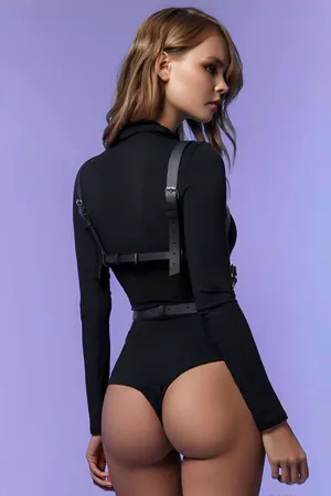 Black adjustable O-ring chest harness with faux leather straps
