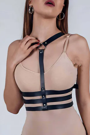 Black Faux Leather Chest Harness with Straps and O-Ring