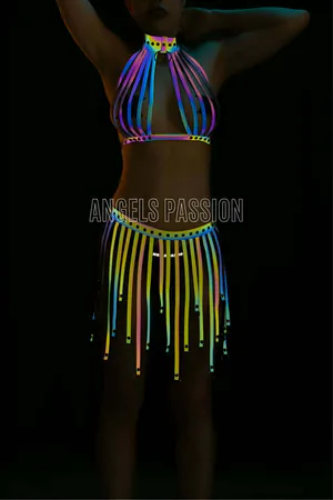 Püsküllü Renkli Reflektörlü Fantezi Elbise - Sexy Harness İç Giyim - APFT584