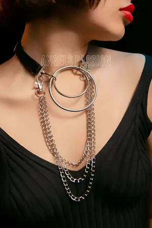 Black Layered O-Ring Harness Choker with multiple silver chains on model