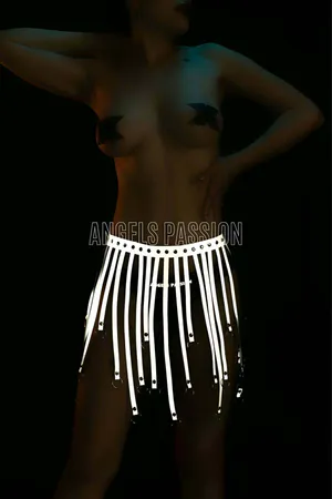 White reflective tassel body harness with O-rings and adjustable buckle