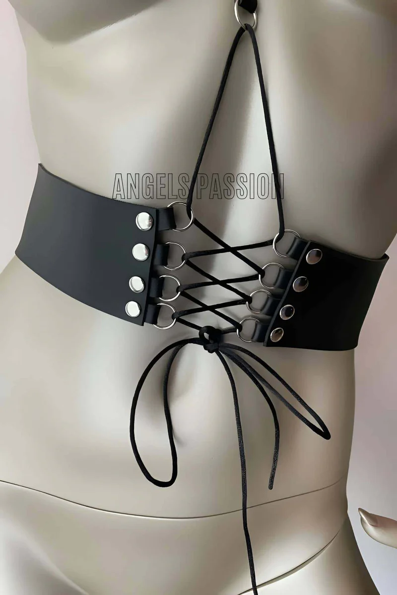Black vegan leather corset harness front view lace-up detail