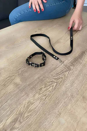 Black Faux Leather Studded Choker and Leash Set Silver Hardware