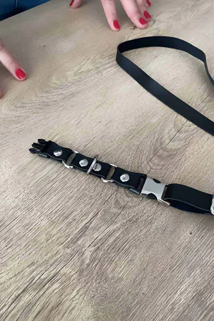 Black Faux Leather Studded Choker and Leash Set Silver Hardware
