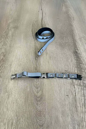 Grey Reflective Faux Leather Body Harness with Silver D-Rings and Detachable Snap Leash