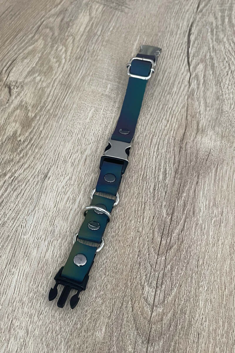 Reflective Rainbow Choker Collar Back View Adjustable Buckle Closure with O-Ring Hardware